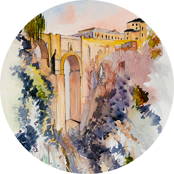 Puente Nuevo in Ronda | Andalusie Spanje | Aquarel schilderij van WatercolorWall