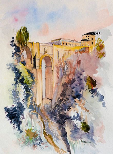 Puente Nuevo in Ronda | Andalusie Spanje | Aquarel schilderij van WatercolorWall