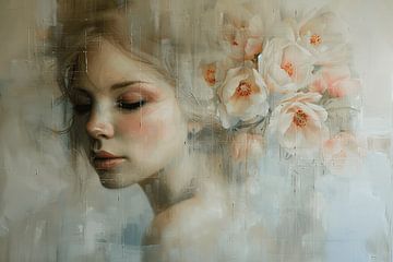 Modern abstract portrait with flowers in pastel colours by Carla Van Iersel