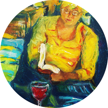 Portret van een lezende vrouw  Handgeschilderd met oliepastel. van Ineke de Rijk