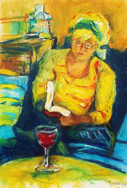 Porträt einer lesenden Frau Handgemalt mit Ölpastell. von Ineke de Rijk