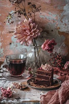 Koffie en chocoladetaart - dromerig stilleven