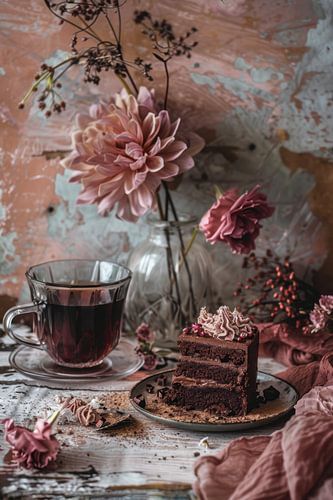 Koffie en chocoladetaart - dromerig stilleven