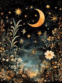 Golden Moonlit Floral Night by IamHome Studio