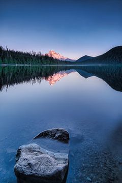 Mount Hood at the lake in Oregon USA at sunset.