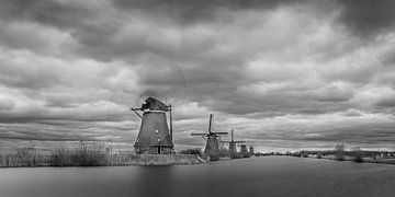 Mills at Kinderdijk in black and white