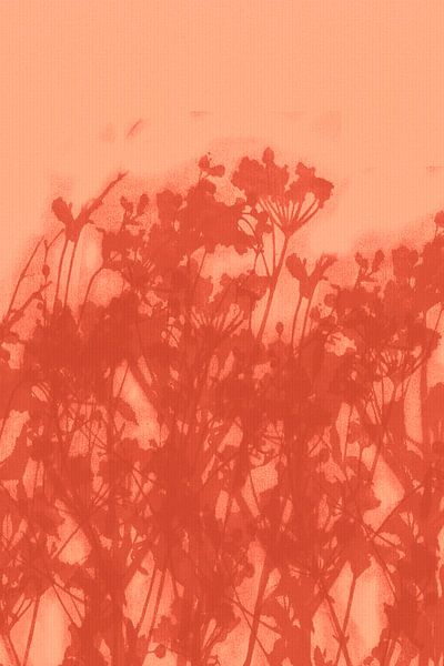 Lebendige abstrakte minimalistische botanische Kunst in Koralle und Terrakotta von Dina Dankers