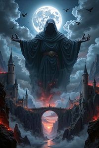 Dark Fantasy Wandbild: UMBRA - Der schwebende Geist des Grim Reaper über der alten Burg