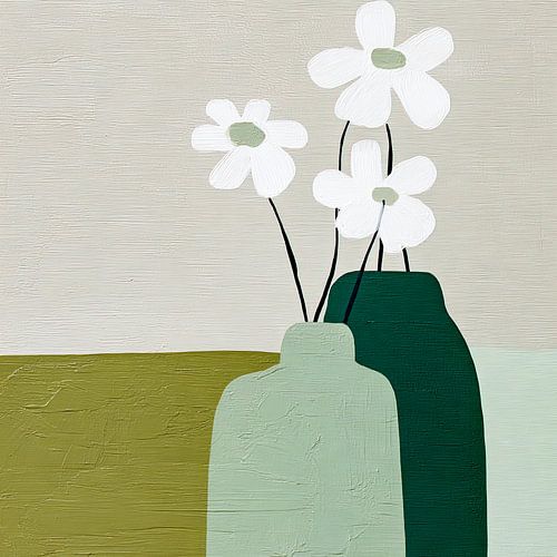 White daisies in vases – minimalist floral art