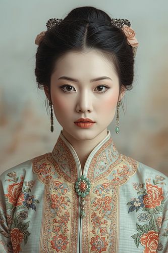 Originele Chinese vrouw in traditionele kleding en juwelen uit de 18de eeuw.