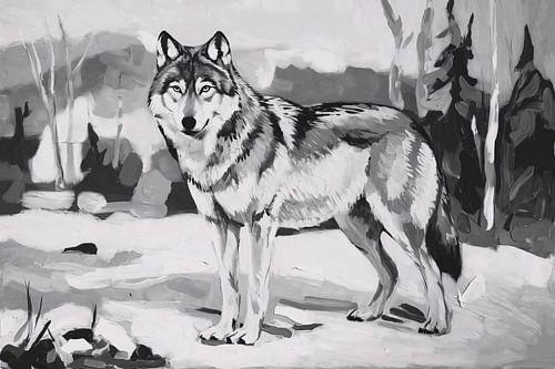 Zwart-wit wolf in landschap