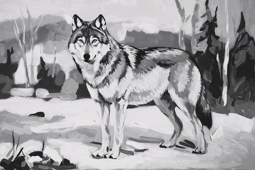 Loup noir et blanc dans un paysage par Art & Soul Creations