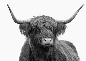 Portret Schotse hooglander zwart wit volledig witte achtergrond van Marjolein van Middelkoop