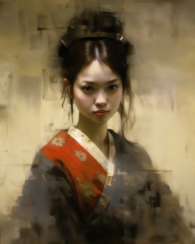 Portret "Geisha in rode tinten"