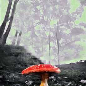 Mistig herfstbos met paddestoel van Maud De Vries