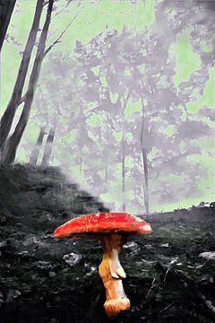 Misty autumn forest with mushroom by Maud De Vries