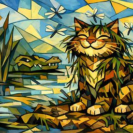 Cat and Crocodile in the swamp by Linda de Klein