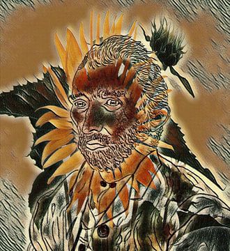 Vincent van Gogh met zonnebloem ( bewerkte tekening) van Jose Lok