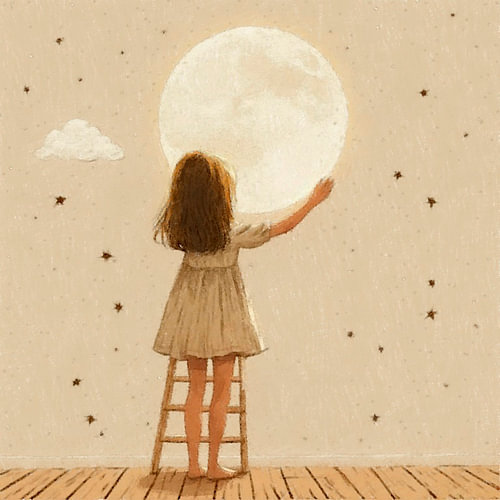 A girl hanging a full moon in her bedroom.