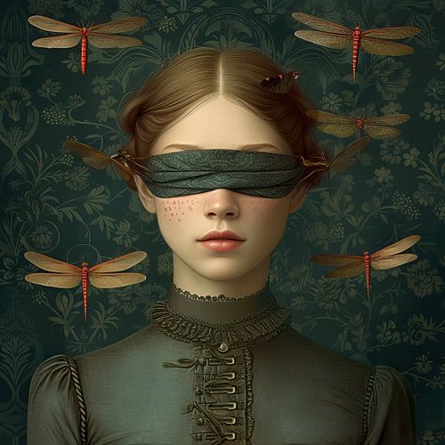 Portrait femme vert - fleurs énigmatiques en pose