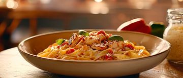 Pasta with fresh ingredients at a wooden table by Poster Art Shop
