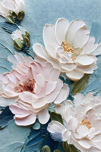 Serene Peony Garden Blue Botanical Impasto Painting