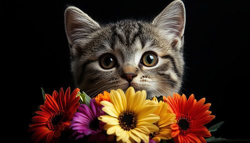 Chat avec fleurs colorées portrait panorama