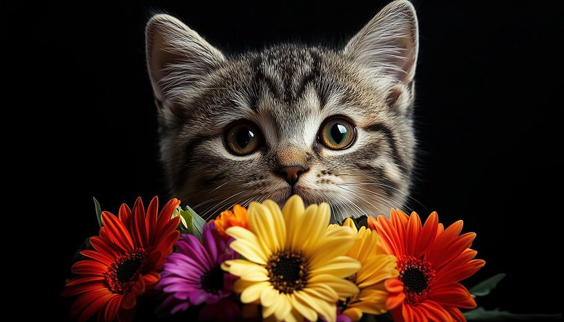 Katze mit bunten Blumen Portraitpanorama von TheXclusive Art