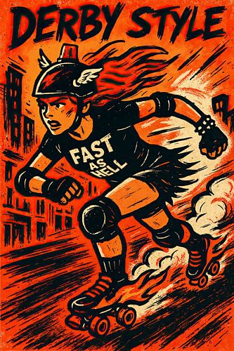 FAST AS HELL ( Roller derby style, quad roller skates, helmet, flames, red, black, poster, punk)
