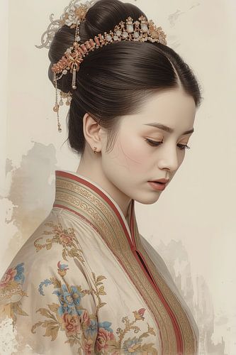 Originele Chinese vrouw in traditionele kleding en juwelen uit de 18de eeuw.