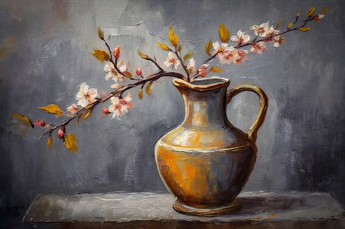 Impressionist oil painting of a still life with blossom branch by Dutch Art Works