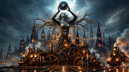 Steampunk-Kathedrale mit Dampflokomotive
