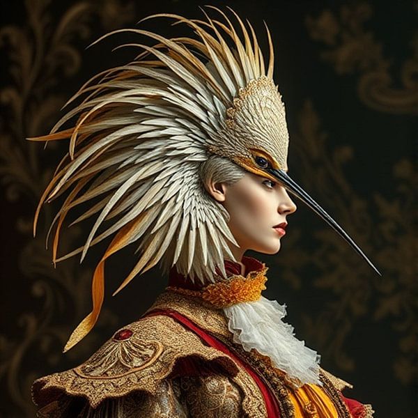 Eine seitwärts blickende Frau mit Federfrisur und Barockkostüm. von J.a Dijkstra