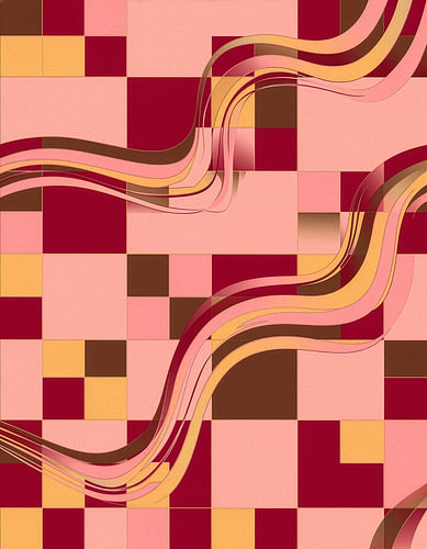 Motif en damier déformé dans les tons rouge bordeaux, rose, jaune et marron
