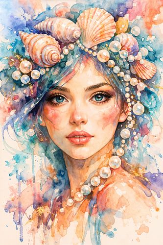 Vrouwelijk portret met kapsel van schelpen en parels (AI) (fantasie, gek, uniek, kleurrijk)