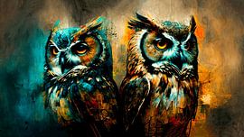 De 2 Uilen | Schilderij Uilen | Dieren Schilderij van AiArtLand