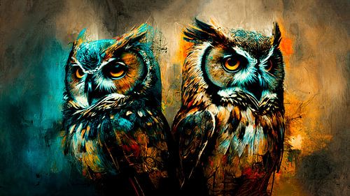 De 2 Uilen | Schilderij Uilen | Dieren Schilderij van AiArtLand