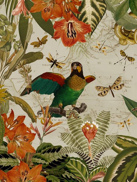 Bunte nostalgische exotische Papageien in einem tropischen Dschungel von Floral Abstractions