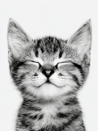 Smiling Kitten Portrait – Black and White Animal Art