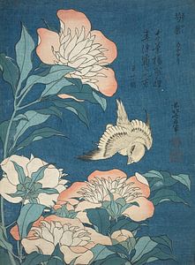 Pioenrozen en kanarie, Katsushika Hokusai