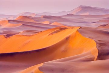 Foto van een woestijnlandschap met zandduinen bij zonsopkomst
