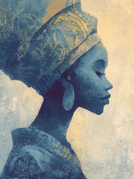 Afrikaanse Vrouw in Blauw-Gouden Hoofddoek