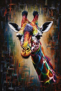 Explosive Farbenpracht: Giraffe in Abstraktion von De Muurdecoratie