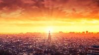 Ondergaande zon boven Amsterdam genomen vanaf Amsterdam Lookout van Bart Ros thumbnail