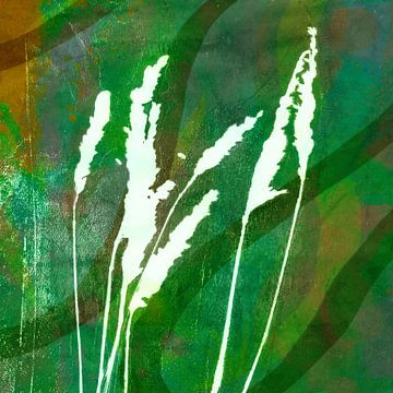 Moderne abstrakte botanische Kunst. Weißes Gras auf grüner und brauner Aquarellfarbe von Dina Dankers