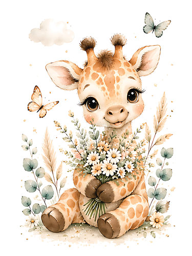 Entzückende Wanddekoration für das Kinderzimmer: Baby-Giraffe mit einem Strauß Wildblumen