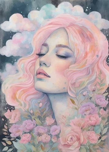 Abstract surrealisme van meisje met wolk en bloemenportret