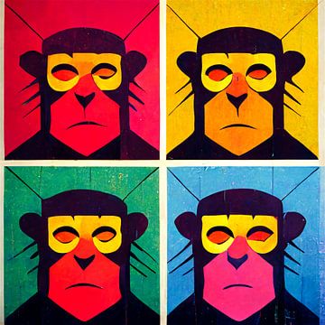 Kleurrijke collage van vier apen als comic figuur - pop art van Roger VDB