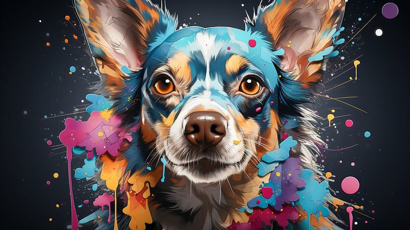 Gemälde eines Chihuahua-Hundegesichts mit bunten Farbspritzern von Animaflora PicsStock