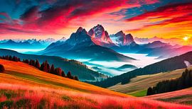 Zonsondergang met mist en landschap